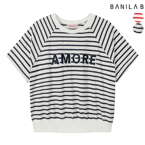 [바닐라비] 여성 아모레 자수 스트라이프 반팔 티셔츠
