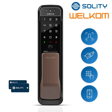솔리티 웰콤 3D얼굴인식 도어락 WP-500A 무타공 푸시풀 카드키2개+번호키 0초즉시잠금 현관문 디지털도어락
