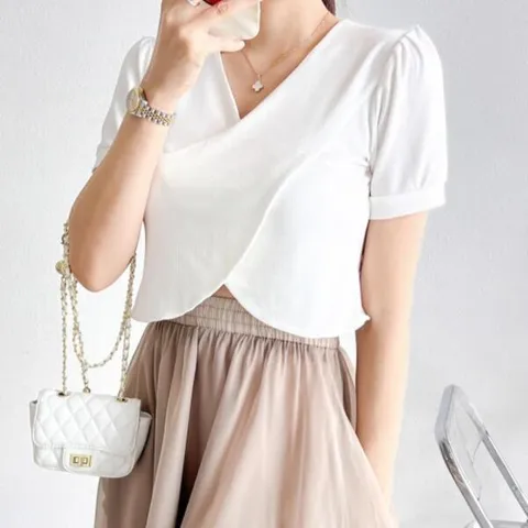 아트박스/신상오픈런 투피스 쉬폰 레이어드 스커트 크로스 반팔티 세트 +할인쿠폰