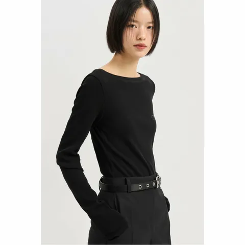 [LUCKY CHOUETTE][Atelier] Boat Neck Ribbed Slim Fit Long Sleeve T-shirt - LFTAM25840BKX