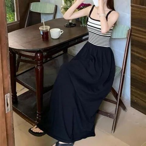 [하프클럽/옷자락]여자 단가라 밴딩 끈나시 민소매 여름 롱 원피스