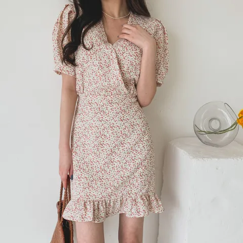 네쥬 여성 봄 여름 고급 브이넥 플라워 미니 원피스