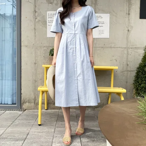 네쥬 여성 봄 여름 고급 스퀘어 데일리 반팔 롱원피스