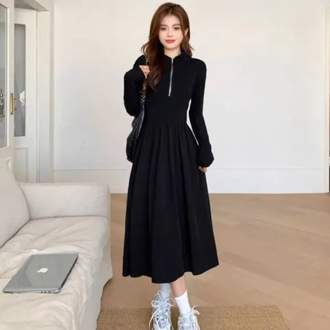 원피스 OPS 날씬핏 올블랙 반집업 스타일 A라인 롱 여성