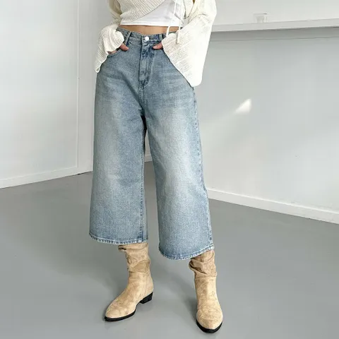 여자 워싱 레이어드용 칠부청바지 Y2K 와이드핏 청바지