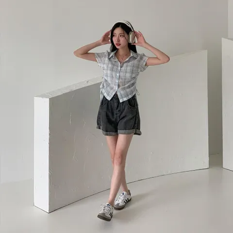 |CHH443D|여성 체크 패턴 카라넥 반팔 시스루 셔츠 사이드 셔링 +할인쿠폰