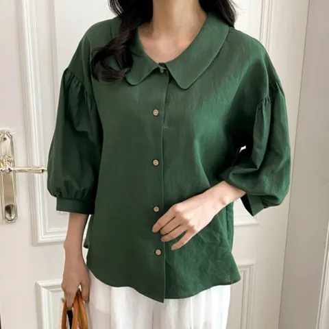 여자 여름 로맨틱 린넨 플랫 라운드 카라 블라우스