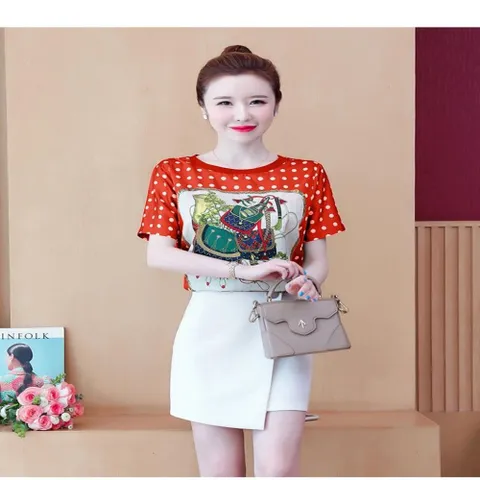 블라우스 셔츠 브라우스 S72012 에스닉 도트 프린팅 라운드 반팔