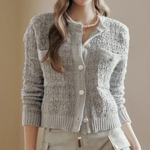[마쟈] 트위드 테잎사 꽃단추 라운드넥 가디건 +할인쿠폰