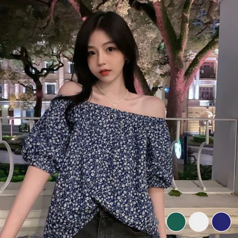 블라우스 셔츠 브라우스 오프숄더 퍼프 소매 작은 꽃무늬 패션 여리