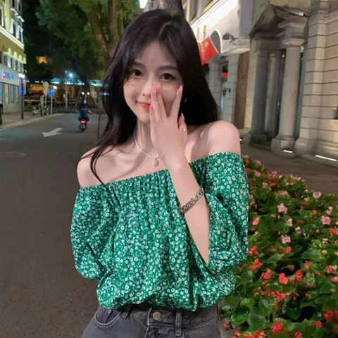블라우스 셔츠 브라우스 잔꽃무늬 오프숄더 여성 스런 퍼프소매 반팔