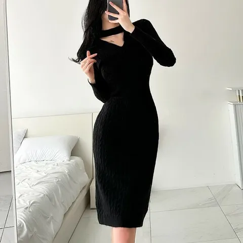 [하프클럽/다잇템]여자 홀리데이 중간 초커 꽈배기니트 원피스