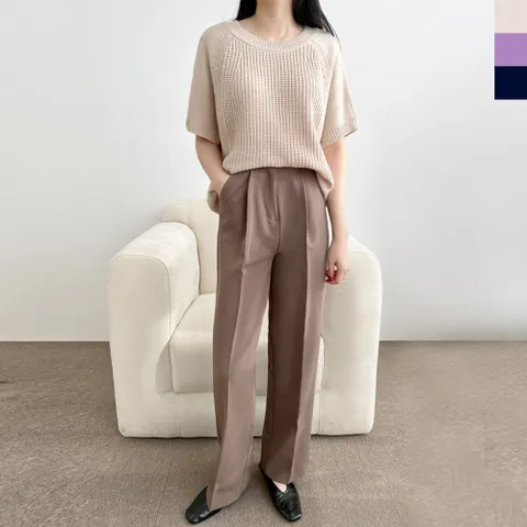 여성용 라운드넥 루즈핏 반팔 니트 티셔츠