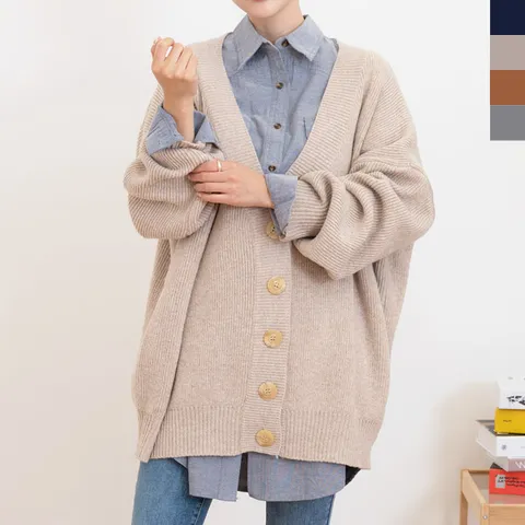 블레오[BLEO] 여성 오버핏 박시 데일리 브이넥 베이직 니트 가디건