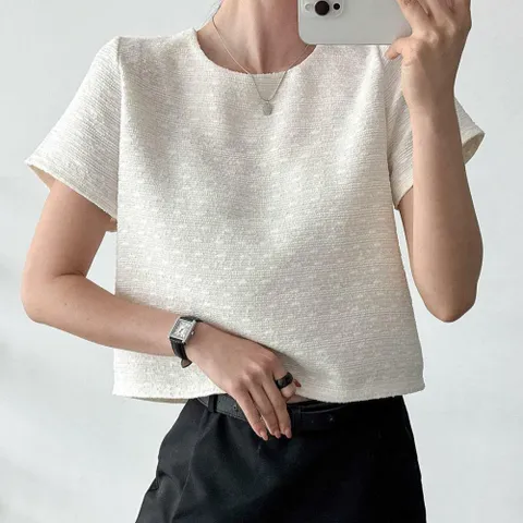 여자 트위드반팔 라운드 크롭 박스핏 분홍색 블라우스_3