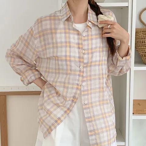 H스타일(SH)5656체크체크썸머셔츠 여름 여성 셔츠 남방 블라우스 긴팔 얇은소재 휴가룩