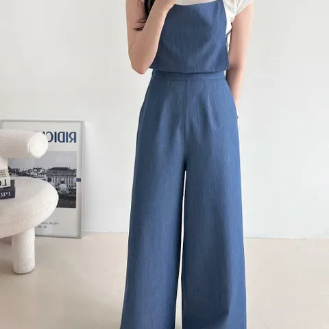 여자 레이온 슬리브리스 진 스트랩 점프수트