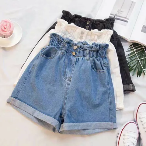 반바지 숏팬츠 쇼츠 여자 투버튼 A라인 스타일 허리밴딩 데님