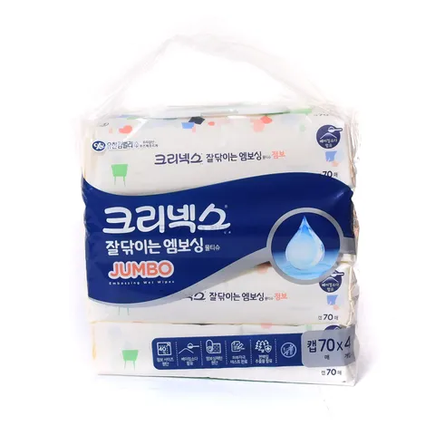 [현대백화점] [ 잘닦이는 엠보싱물티슈!!!!]크리넥스 점보 잘닦이는 엠보싱 물티슈 캡형 70매X4입(JUMBO embossing wet wipes )