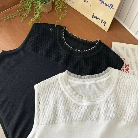 [하프클럽/다잇템]여자 프릴 스웨터 펀칭 하프 슬리브리스 나시