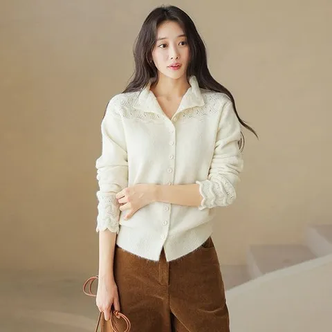[하프클럽/스타일온미]프리메 물결 레이스 짜임 배색 반하이넥 니트 가디건