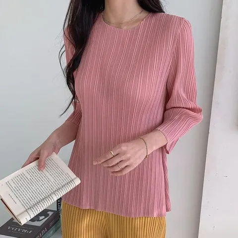 [하프클럽/다잇템]여성 가을긴팔 칠부 실버세대 아코디언 티셔츠