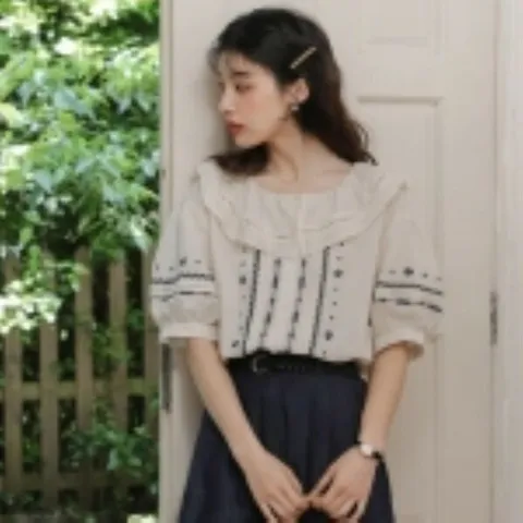 [하프클럽/다잇템]여자 소매 크로쉐 꽃무늬 U넥 벌룬 블라우스