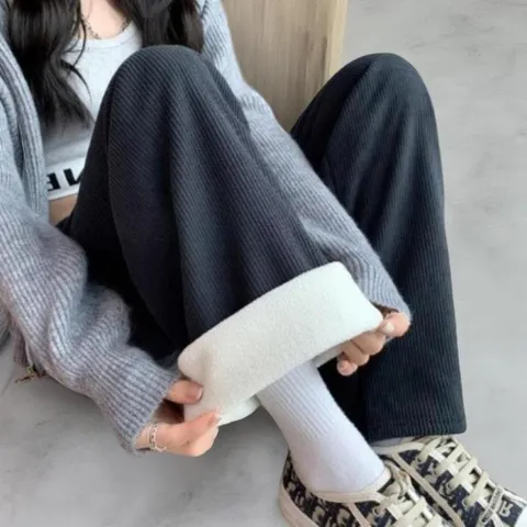 여성 FW 고무줄 원컬러 드로우코드 넓은 보온 바지