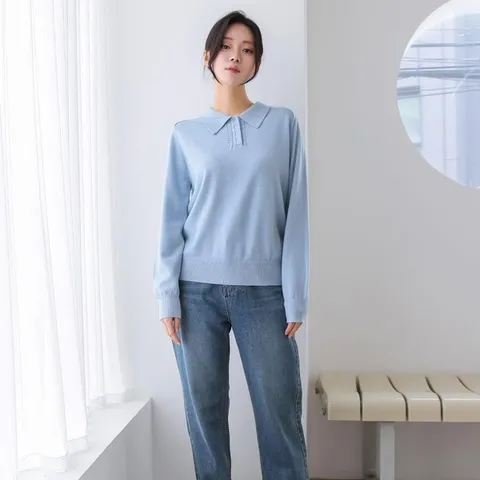 [하프클럽/다잇템]여자 꽈배기 무지 하늘색 카라니트 티셔츠