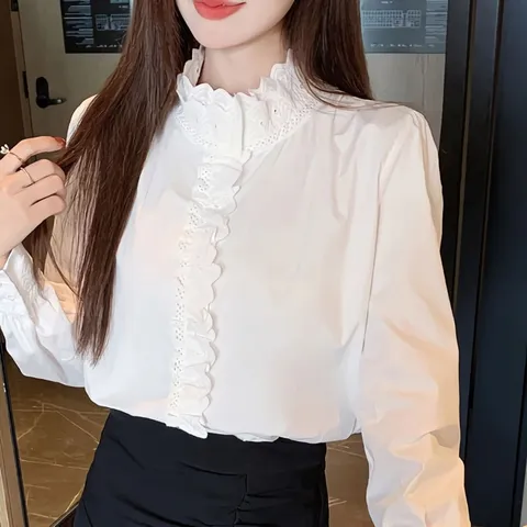 여성 반하이넥 레이스 프릴 블라우스