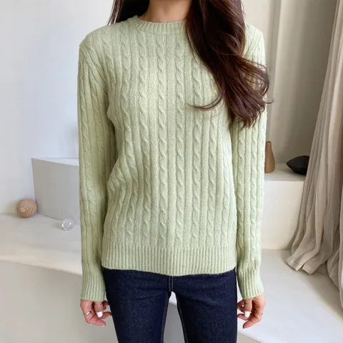 여성 가을 겨울 꽈배기 라운드넥 울 컬러 니트 티셔츠 - 현대Hmall