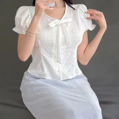 |CCH3F8D|여성용 꽃 자수 프릴 캡소매 셔링 블라우스