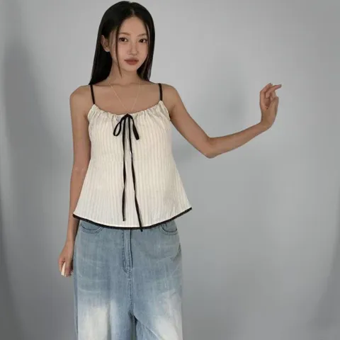 |CHT9617|여성 배색 레이스 민소매 티셔츠 스트랩