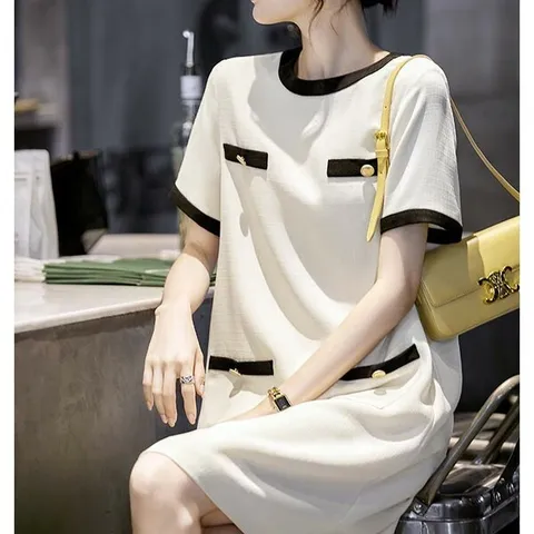 [하프클럽/스윗트리]루즈핏 라운드넥 배색 원피스(h0178)