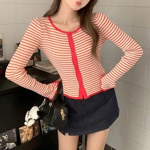 여자 소매 트임 롤업 디테일 스트라이프 가디건