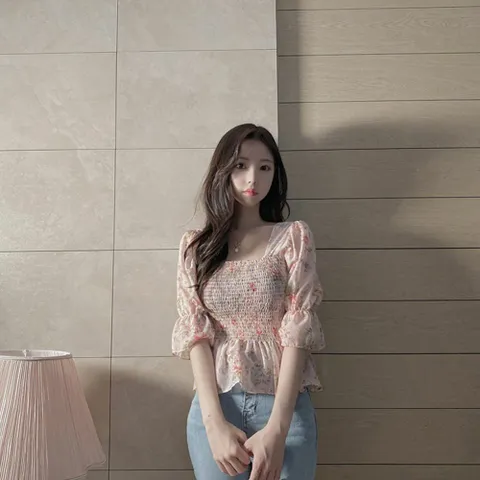 블라우스 셔츠 브라우스 BL 남방 플라워 셔링 밴딩 스모크 5부 반팔 여성