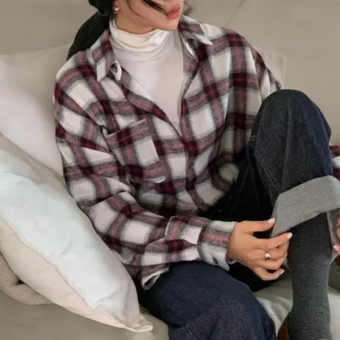 [하프클럽/옷자락]여성 면혼합 포근한 원주머니 루즈핏 배색 체크 셔츠