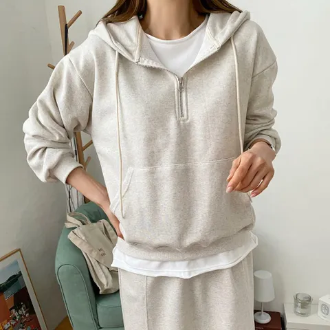 여자 베이직 데일리 민무늬 하프집업 후드티