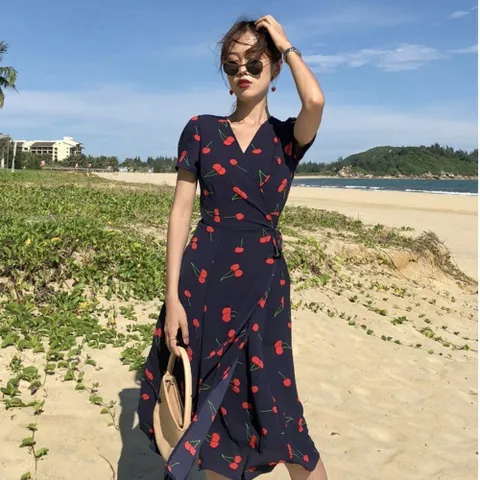 원피스 OPS 여성 랩 롱 남색 체리 허리끈 여름