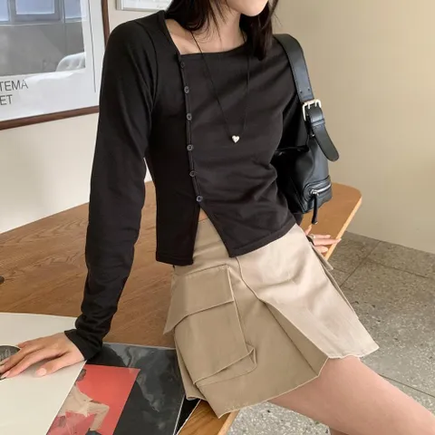 |KHTA58C|여성 보트넥 허니 컬러 사이드 버튼 크롭 티셔츠