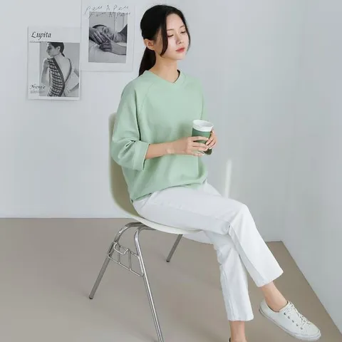 [하프클럽/다잇템]여자 라글란 SS 팔부 V넥 박시티 엷은 티셔츠