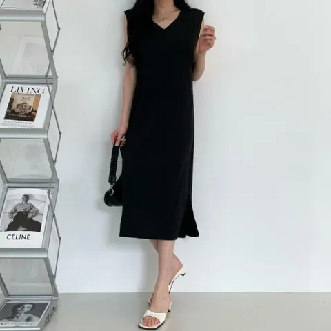 여자 브이넥 민소매 고스판 롱원피스