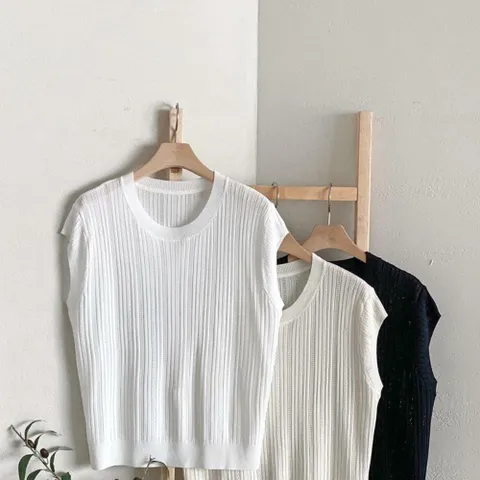 여성 세로골지 캡소매 비스코스 라운드넥 니트