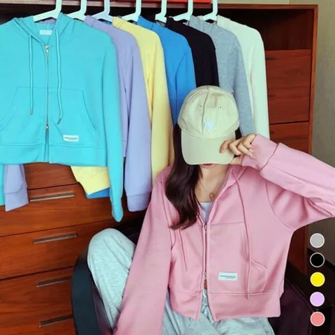 [하프클럽/옷자락]여자 패치 5컬러 긴팔 투 웨이 크롭 후드 집업