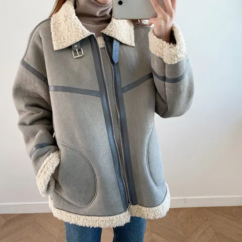 여성 가을 겨울 오버핏 양털 카라 스트랩 윈터 무스탕