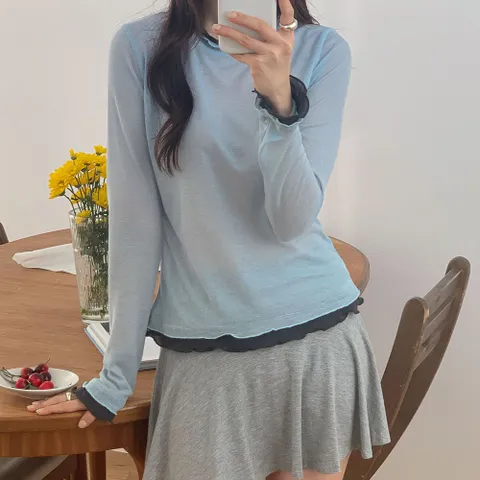 |CSTA42B|여성 여리핏 배색 레이어드 시스루 긴팔 티셔츠