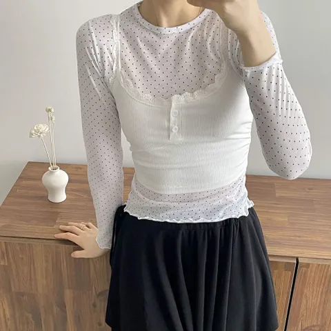 |KSTA435|여성 시스루 도트 레이어드 라운드 티셔츠