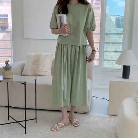 네쥬 여성 무지 반팔 티셔츠 밴딩 롱 스커트 세트