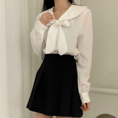 여자 귀여운 레이스 세라넥 흰색 빅리본 블라우스
