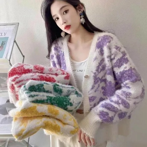 [하프클럽/다잇템]여자 엷은 큐빅단추 패턴 호피 가디건